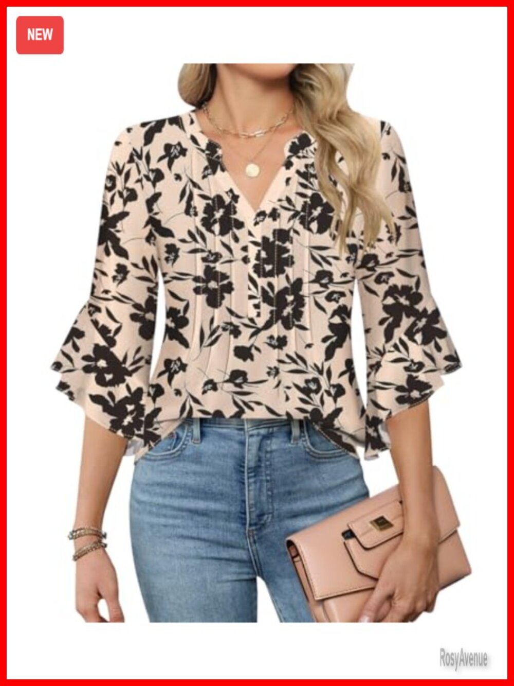 Women's 3/4 Sleeve V-Neck Tunic Top Double Layered Chiffon Blouse